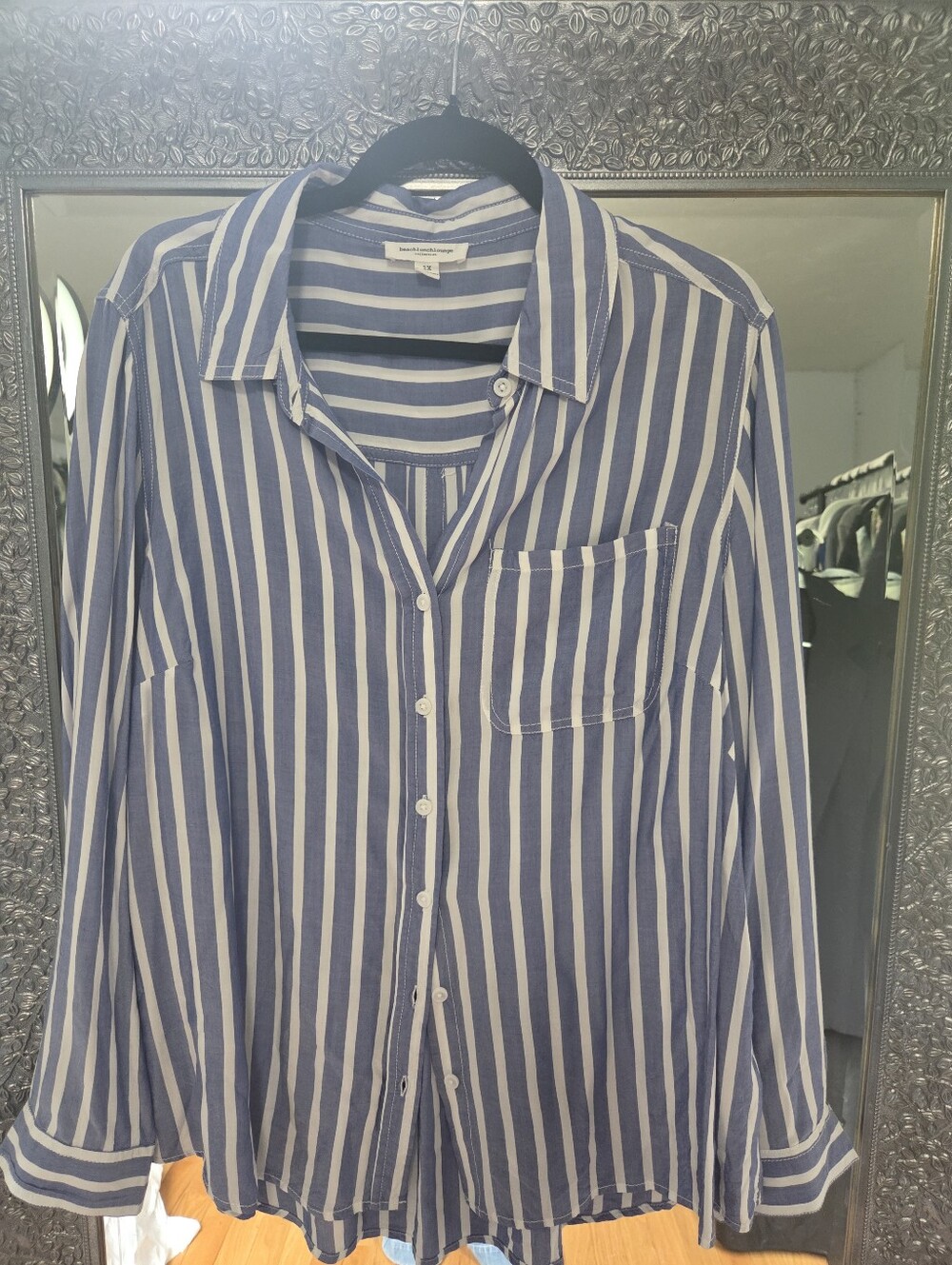 Beachlunchlounge Collection  Blue and White Striped Viscose Button-Up Shirt.